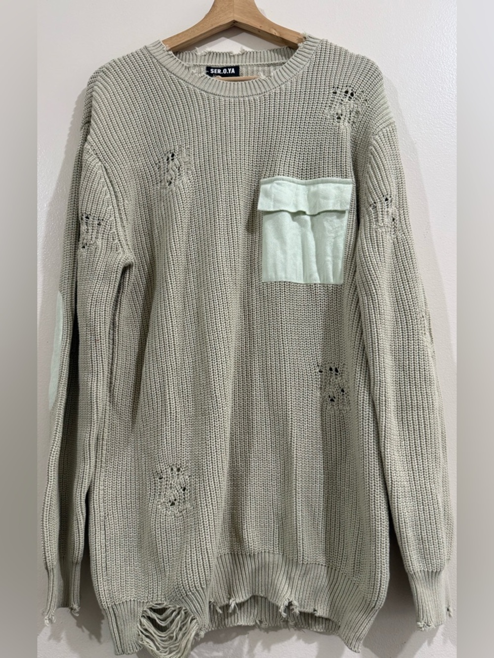 SER.O.YA Light Sage Distressed Crewneck Sweater with Mint Patch Pocket